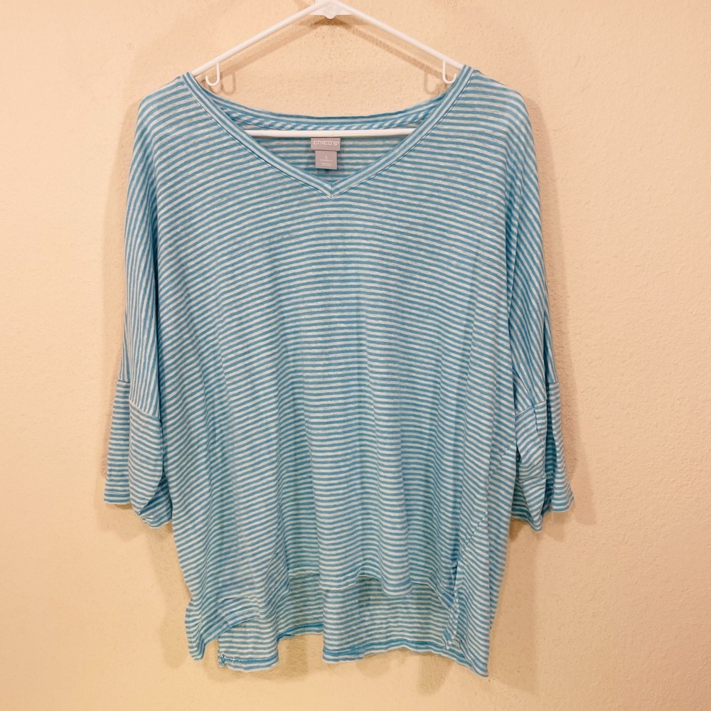 Chico's Aqua and White Striped V-Neck Tunic